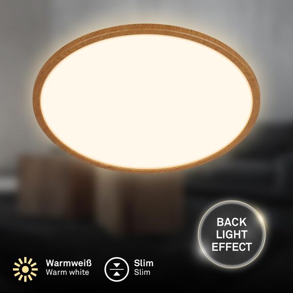 BRILONER - LED Deckenlampe mit indirektem Licht, flach, warmweißes Licht, Lampe, Deckenleuchte, Wohnzimmerlampe, LED Panel, Küchenlampe, Schlafzimmerlampe, 42x3 cm, Rahmen in Holzoptik