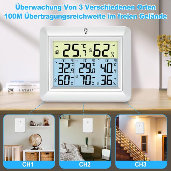 Urageuxy Wetterstation Funk mit 3 Außensensor - Wetterstation mit 100m Reichweite, Digital Hygrometer Thermometer mit Hintergrundbeleuchtung, MIN/MAX-Aufzeichnung, Einfache Bedienung (Weiß)
