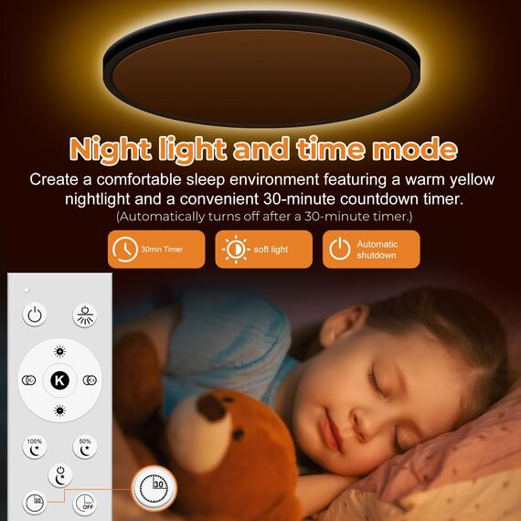 slochi LED Deckenleuchte, 48CM 36W 3600LM Deckenlampe Flach Dimmbar mit Fernbedienung, 1800K Nachtlicht Warm, 3000K-6500K Schlafzimmer Lampe für Schlafzimme Wohnzimmer Kinderzimmer Rund, Schwarz