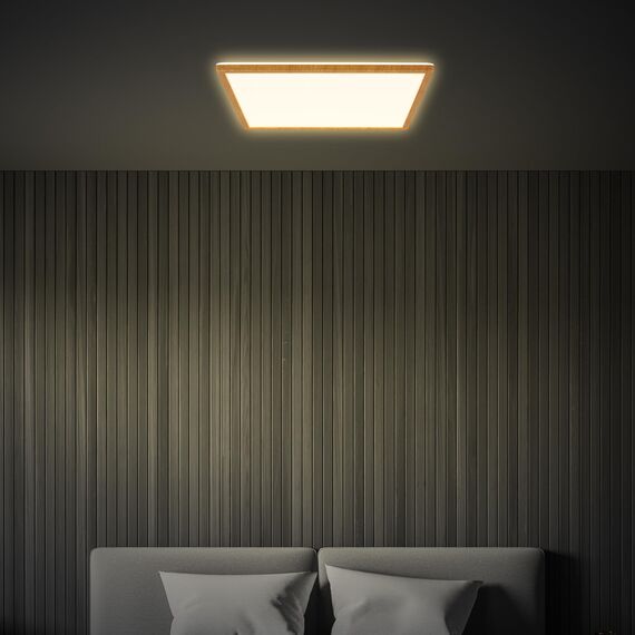 BRILONER - LED Deckenlampe mit indirektem Licht, flach, warmweißes Licht, Lampe, Deckenleuchte, Wohnzimmerlampe, LED Panel, Küchenlampe, Schlafzimmerlampe, 42x42x3 cm, Rahmen in Holzoptik