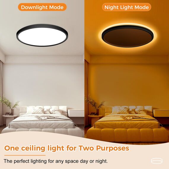 slochi LED Deckenleuchte, 24W Deckenlampe Flach Dimmbar mit Fernbedienung, 1800K Nachtlicht Warm, 3000K-6500K, Ultra Dünn Schlafzimmer Lampe für Schlafzimme Wohnzimmer Kinderzimmer-Rund Schwarz