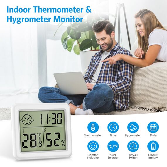 Brifit Digital Hygrometer Thermometer, Tragbares Hygrometer Innen mit Hoher Genauigkeit, Temperatur und Feuchtigkeitsmessgerät mit Uhr, Raumklimaanzeige, Raumthermometer für Büro, Heim (2 Stück)