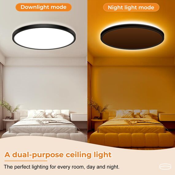 slochi LED Deckenleuchte, 48CM 36W 3600LM Deckenlampe Flach Dimmbar mit Fernbedienung, 1800K Nachtlicht Warm, 3000K-6500K Schlafzimmer Lampe für Schlafzimme Wohnzimmer Kinderzimmer Rund, Schwarz