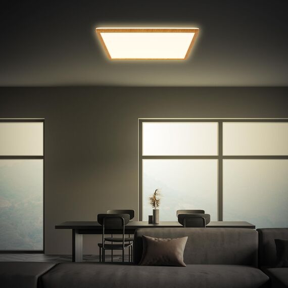 BRILONER - LED Deckenlampe mit indirektem Licht, flach, warmweißes Licht, Lampe, Deckenleuchte, Wohnzimmerlampe, LED Panel, Küchenlampe, Schlafzimmerlampe, 42x42x3 cm, Rahmen in Holzoptik