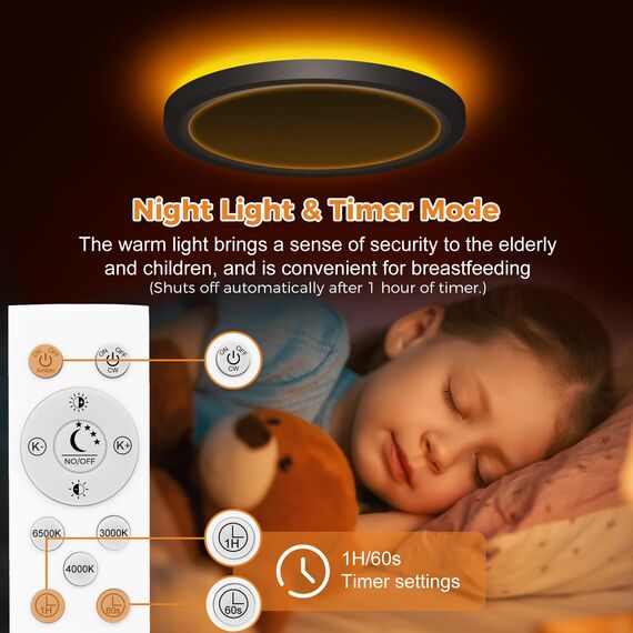 slochi LED Deckenleuchte, 22CM 15W 1500LM Deckenlampe Flach Dimmbar mit Fernbedienung, 1800K Nachtlicht Warm, 3000K-6500K Schlafzimmer Lampe für Schlafzimme Wohnzimmer Kinderzimmer Rund, Schwarz