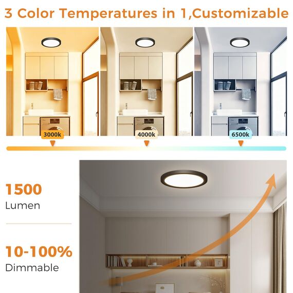 slochi LED Deckenleuchte, 22CM 15W 1500LM Deckenlampe Flach Dimmbar mit Fernbedienung, 1800K Nachtlicht Warm, 3000K-6500K Schlafzimmer Lampe für Schlafzimme Wohnzimmer Kinderzimmer Rund, Schwarz