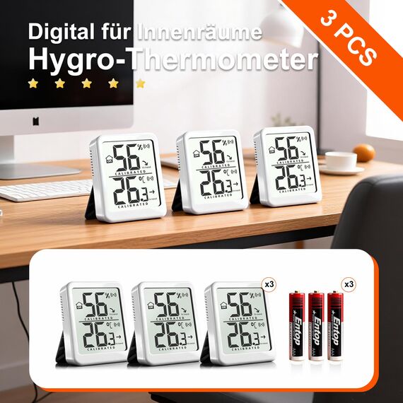 Antonki 3 Stück Raumthermometer Innen Temperatur und Feuchtigkeitsmonitor, Digitales Thermo-Hygrometer InnenThermometer, Feuchtigkeitsmesser für Zimmer Babyzimmer Reptilien Pflanzen - kleine Größe