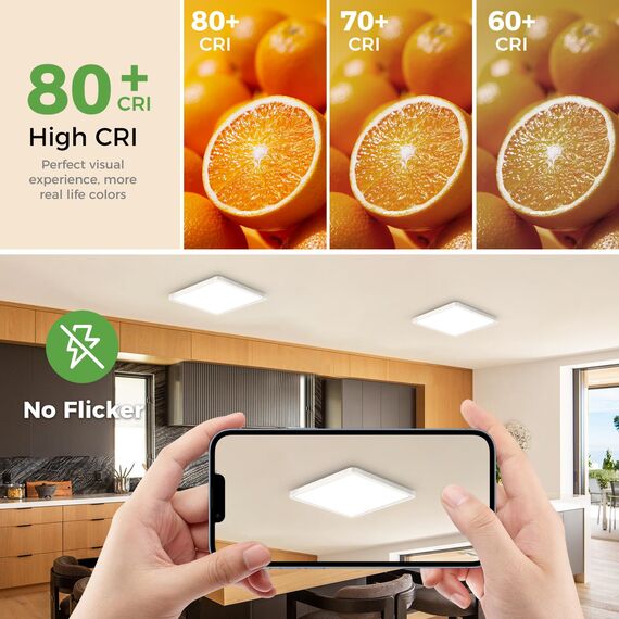 zemty Deckenlampe LED Deckenleuchte Flach, 3Farben - 3000K/4000K/6500K, IP44 Wasserfest Quadrat Badlampe Decke, 1800LM Modern LED Decklit für Flur küche Badezimmer Schlafzimmer Büro, Ø18CM