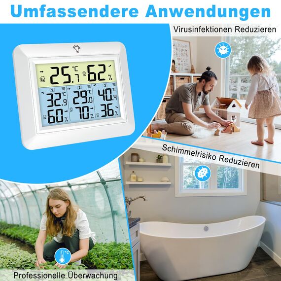 Urageuxy Wetterstation Funk mit 3 Außensensor - Wetterstation mit 100m Reichweite, Digital Hygrometer Thermometer mit Hintergrundbeleuchtung, MIN/MAX-Aufzeichnung, Einfache Bedienung (Weiß)