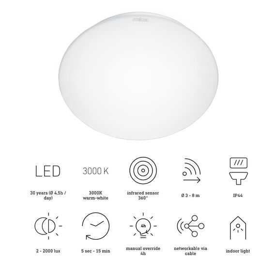 Steinel LED Innenleuchte RS 16 S Opalglas, 9.3 W Wandleuchte, 360° Bewegungsmelder, max. 3-8 m Reichweite, 918 lm, Weiß, Standard (Packung mit 2)