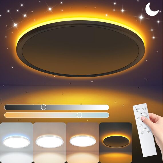 NEEMOSI LED Deckenleuchte mit Nachtlicht - 24W Deckenlampe Dimmbar mit Fernbedienung&Timer, Rund Flach Lampe für Schlafzimme Wohnzimmer Küche Badezimmer Kinderzimmer Ø29.5cm