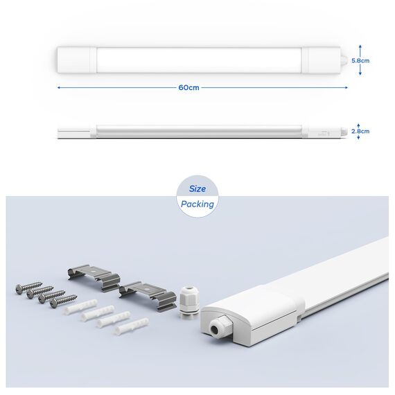 ANTENLICHT 2 Stücke LED Feuchtraumleuchte 60CM mit 18W 1980Lumen Kaltlweiß 5000k, Einfache Montage Wannenleuchte Flach Deckenleuchte Wasserfest IP65 Werkstattlampe für Büro Keller Garage, Weiß
