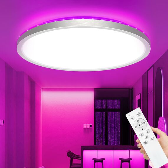 zemty LED Deckenleuchte Dimmbar, RGB Farbwechsel Deckenlampe mit Fernbedienung, 24W 3200LM 30CM Nickelfarbe Badezimmer lampe Decke IP54 Wasserfest für Bad Schlafzimmer Kinderzimmer Jugendzimmer