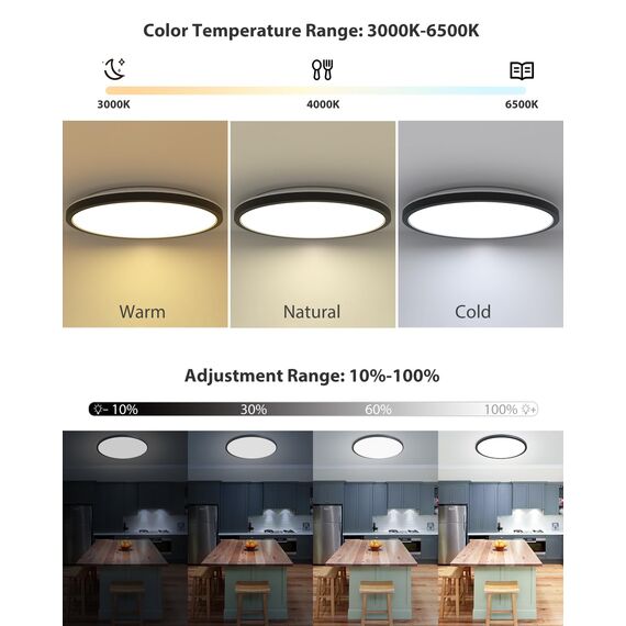 zemty LED Deckenleuchte 50cm, dimmbar 42W 3360LM, Flach Deckenlampe mit Fernbedienung, 3000K-6500K, RGB-Hintergrundlicht, für Wohnzimmer, Schlafzimmer, Kinderzimmer, Bad, Schwarz