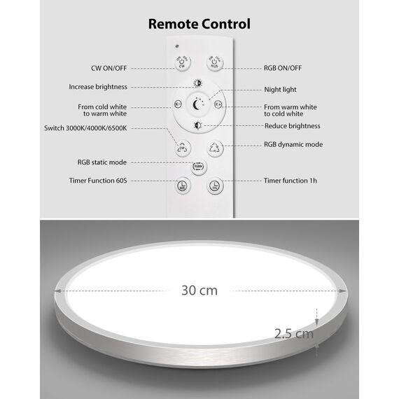 zemty LED Deckenleuchte Dimmbar, RGB Farbwechsel Deckenlampe mit Fernbedienung, 24W 3200LM 30CM Nickelfarbe Badezimmer lampe Decke IP54 Wasserfest für Bad Schlafzimmer Kinderzimmer Jugendzimmer