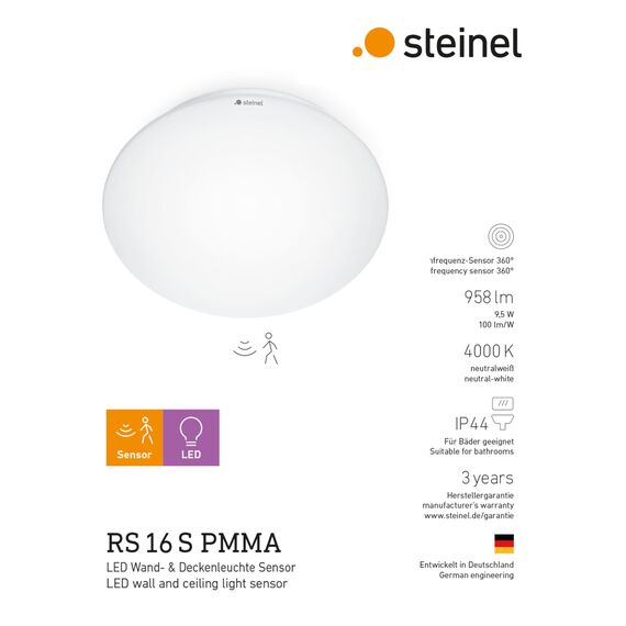 Steinel LED Innenleuchte RS 16 S PMMA - 9.5 W Wandlampe, 958 lm, 360° Bewegungsmelder, max. 3-8 m Reichweite, Deckenleuchte, Weiß