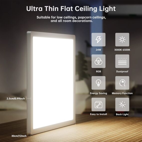 BLNAN RGB LED Deckenleuchte Dimmbar mit Fernbedienung, 24W Deckenlampe Panel mit Farbwechsel,3000K-6500K 2400lm Modern Quadrat Lampe für Wohnzimmer Schlafzimmer Kinderzimmer, Weiß,30x2.5cm