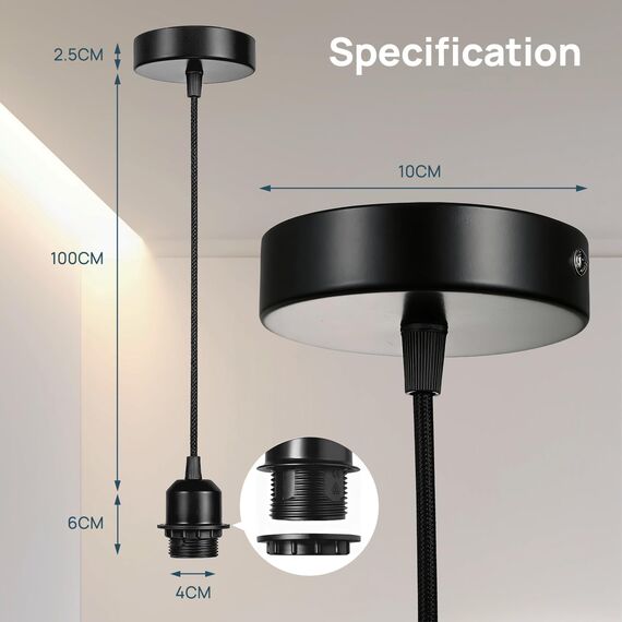 Linkind 2er Lampenaufhängung mit Befestigungsring, 100cm Textilkabel Höhenverstellbar, Standard E27 Socket Lampen Halterung ideal für Schlafzimmer, Kinderzimmer, Schwarz