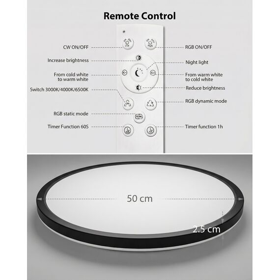 zemty LED Deckenleuchte 50cm, dimmbar 42W 3360LM, Flach Deckenlampe mit Fernbedienung, 3000K-6500K, RGB-Hintergrundlicht, für Wohnzimmer, Schlafzimmer, Kinderzimmer, Bad, Schwarz