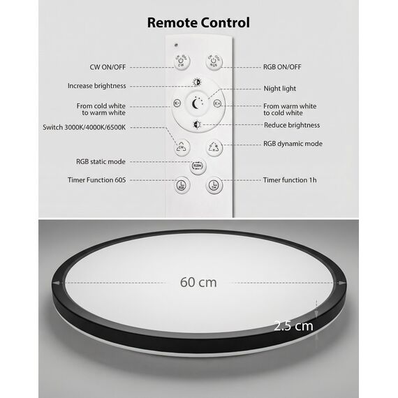 zemty LED Deckenleuchte Dimmbar 60CM, 50W 5040LM RGB Deckenlampe mit Fernbedienung, 3000K-6500K Wasserfest Badezimmer Lampe Decke für Bad Kinderzimmer Schlafzimmer Wohnzimmer Schwarz