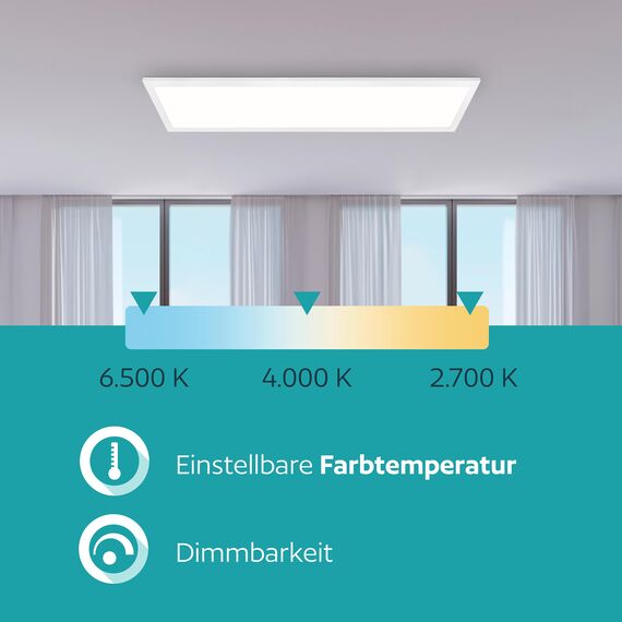 EGLO LED Deckenleuchte Bottazzo, Deckenlampe mit Fernbedienung, Panel ultraflach mit Backlight, Bürolampe dimmbar aus Metall und Kunststoff in Weiß, warmweiß - kaltweiß, RGB, 100x25 cm
