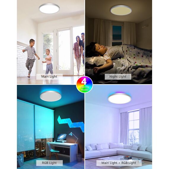 zemty LED Deckenleuchte Dimmbar, RGB Farbwechsel Deckenlampe mit Fernbedienung, 24W 3200LM 30CM Nickelfarbe Badezimmer lampe Decke IP54 Wasserfest für Bad Schlafzimmer Kinderzimmer Jugendzimmer