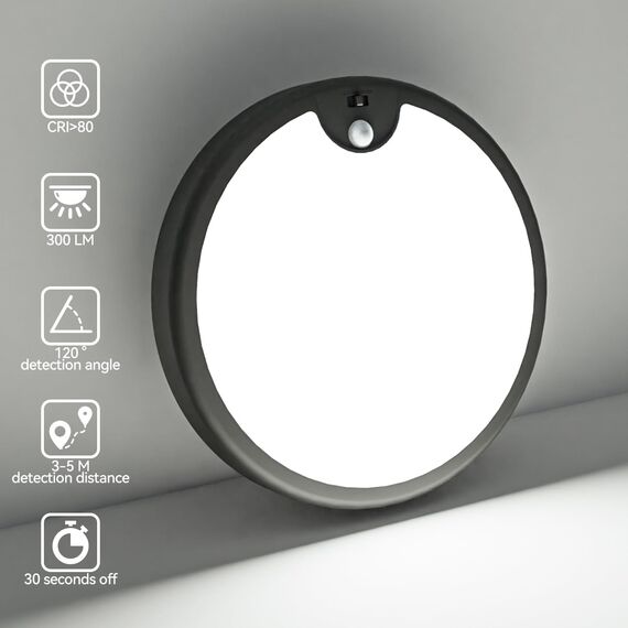 Peasur LED Deckenleuchte mit Bewegungsmelder Batteriebetrieben, 18cm Lampe Innen Aussen, 300LM 6000K Treppen Deckenlampe für Schrank Balkon Abstellraum Keller Flur Garage Bad Küche(Black)