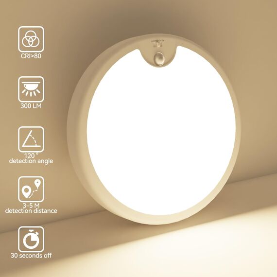 Peasur LED Deckenleuchte mit Bewegungsmelder Batteriebetrieben, 18cm Lampe mit Bewegungsmelder Innen Aussen, 300LM 3000K Treppen Deckenlampe für Schrank Balkon Abstellraum Keller Flur Garage Bad Küche