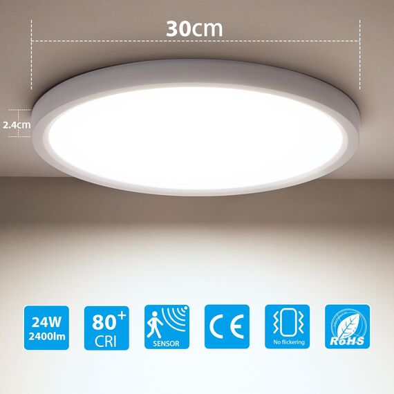 OPPEARL [10 Stücke LED Deckenleuchte mit Radar Bewegungsmelder, 24W 2400LM LED Lampe mit Bewegungsmelder Innen Rund, 4000K Deckenlampe Bewegungsmelder als Flurlampe, Balkon/Garage Lampe, Ø30CM