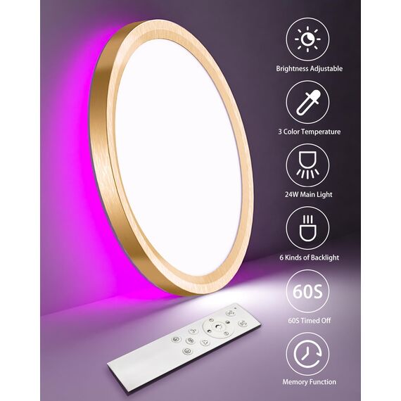 zemty LED Deckenleuchte Dimmbar 30CM, 24W 3200LM RGB Deckenlampe mit Fernbedienung, 3000K-6500K Flach Badezimmer Lampe Decke Wasserfest für Kinderzimmer Schlafzimmer Wohnzimmer Golden