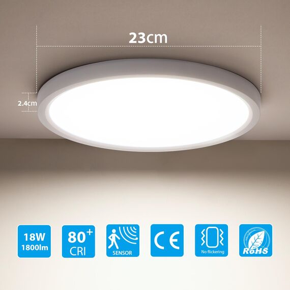 OPPEARL 2 Stücke Lampe Mit Bewegungsmelder Innen 23CM, 18W Deckenleuchte Rund, 4000K LED Deckenlampe als Flurlampe, Balkon/Garage/Keller/Abstellraum Lampe
