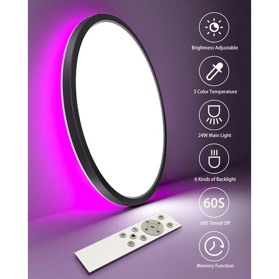 zemty 2 Stück 30CM LED Deckenleuchte Dimmbar, 24W 3200LM Deckenlampe Farbwechsel mit Fernbedienung, 3000K-6500K Wasserdicht badezimmerlampe Decke für Bad Kinderzimmer Schlafzimmer Schwarz