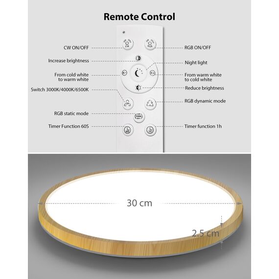 zemty LED Deckenleuchte Dimmbar, RGB Farbwechsel Deckenlampe mit Fernbedienung, 24W 3200LM 30CM Holz Badezimmerlampe Decke IP54 Wasserfest für Bad Schlafzimmer Kinderzimmer Jugendzimmer