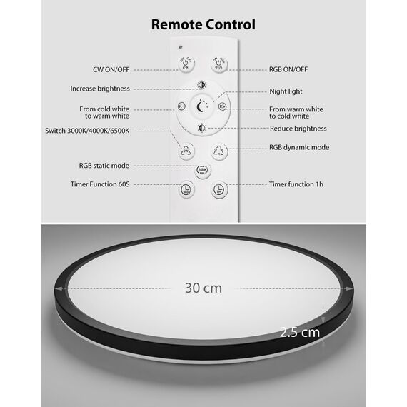 zemty 30cm Dimmbar Deckenlampe RGB mit Fernbedienung, IP54 Wasserdicht LED Deckenleuchte 24W 3200lm, 3000K-6500K & 6 Farben Flach Lampe Decke für Badezimmer Schlafzimmer Kinderzimmer