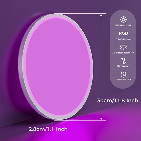 zemty LED Deckenleuchte Dimmbar 30CM 24W 2400LM, RGB Farbwechsel Deckenlampe 3000K-6500K mit Fernbedienung, IP54 Wasserfest Flach Badezimmer Lampe Decke für Kinderzimmer Schlafzimmer Wohnzimmer