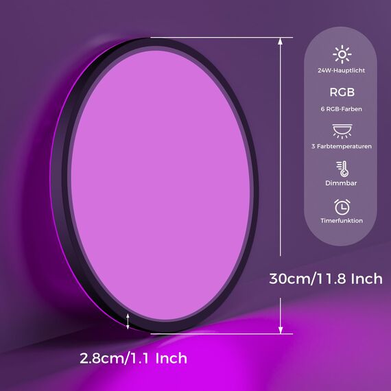 zemty LED Deckenleuchte Dimmbar 30CM 24W 2400LM, RGB Farbwechsel Deckenlampe 3000K-6500K mit Fernbedienung, IP54 Wasserfest Schwarz Badezimmer Lampe Decke für Kinderzimmer Schlafzimmer Wohnzimmer
