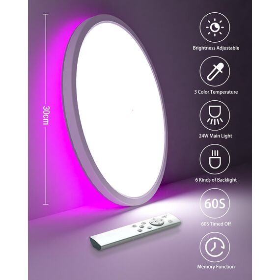 zemty 2 Stück 30CM LED Deckenleuchte Dimmbar 3000K-6500K, 24W 3200LM RGB Deckenlampe Farbwechsel mit Fernbedienung, Wasserfest Badezimmer Lampe Decke für Kinderzimmer Wohnzimmer Schlafzimmer