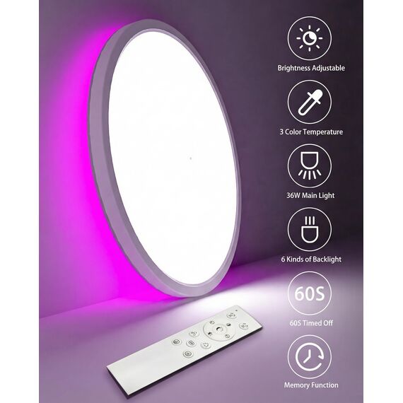 zemty LED Deckenleuchte Dimmbar 40CM, 36W 3200LM RGB Deckenlampe Farbwechsel mit Fernbedienung, 3000K-6000K Wasserfest Lampen Decke für Badezimmer Jugendzimmer Wohnzimmer Schlafzimmer
