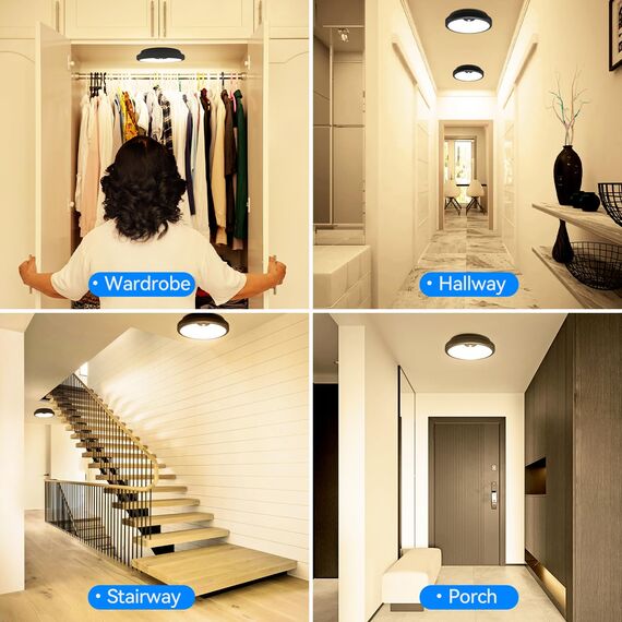 Peasur LED Deckenleuchte mit Bewegungsmelder Batteriebetrieben, 18cm Lampe Innen Aussen, 300LM 3000K Treppen Deckenlampe für Schrank Balkon Abstellraum Keller Flur Garage Bad Küche(Black)