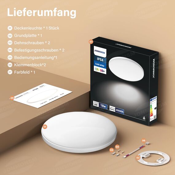 JONMONSM Deckenleuchte 18W, 2000 LM LED Deckenlampe Kaltweiß, Energieeffizienz D, für Flur, Treppenhaus, Abstellraum, Schlafzimmer, Badezimmer, Einfache Installation, Flimmerfrei