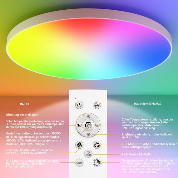 OUILA LED Deckenleuchte Dimmbar 24W RGB Farbwechsel Deckenlampe mit Fernbedienung 3000K-6500K 2400LM RGB+CCT Rund LED Panel Deckenbeleuchtung für Wohnzimmer Schlafzimmer Badezimmer kinderzimmer Ø28cm