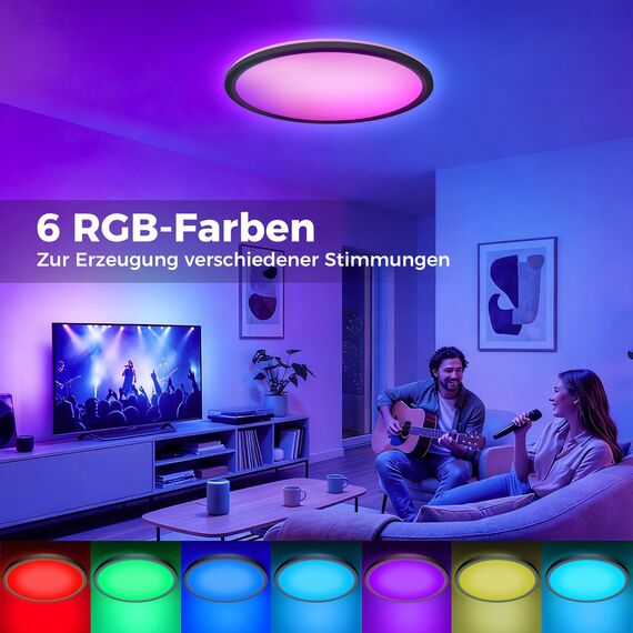 zemty LED Deckenleuchte Dimmbar 30CM 24W 2400LM, RGB Farbwechsel Deckenlampe 3000K-6500K mit Fernbedienung, IP54 Wasserfest Schwarz Badezimmer Lampe Decke für Kinderzimmer Schlafzimmer Wohnzimmer