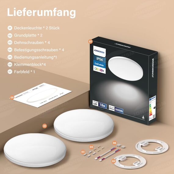 JONMONSM Deckenleuchte 18W 2PACK, 2000 LM LED Deckenlampe Kaltweiß, Energieeffizienz D, für Flur, Treppenhaus, Abstellraum, Schlafzimmer, Badezimmer, Einfache Installation