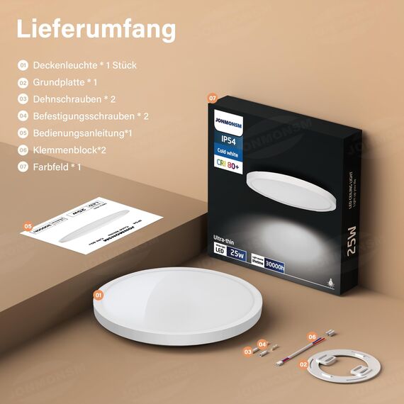 JONMONSM Ultradünne LED Deckenlampe, 25W Badlampe Rund Flach Deckenleuchte, 6000K 3900LM Modern Schlicht Lampe Dünn für Wohnzimmer Badezimmer Schlafzimmer Küche Balkon Keller Büro, 300 * 16mm