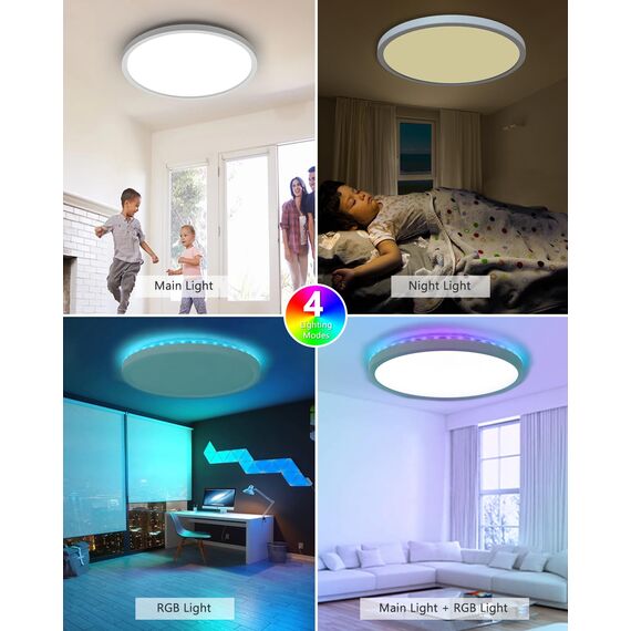 zemty 60cm LED Deckenleuchte Dimmbar Mit Fernbedienung, 50W 5040LM RGB Deckenlampe 3000K-6500K, IP54 Wasserfest Badezimmer Lampe Decke Für Schlafzimmer Kinderzimmer Wohnzimmer Schwarz
