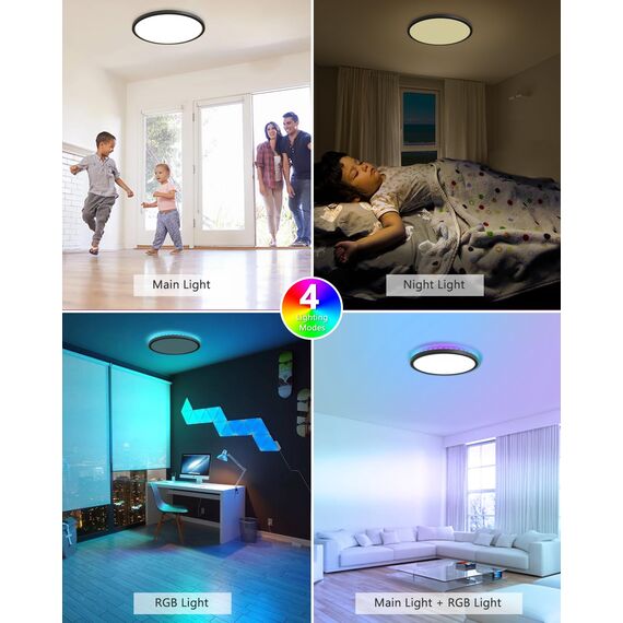 zemty 30cm Dimmbar Deckenlampe RGB mit Fernbedienung, IP54 Wasserdicht LED Deckenleuchte 24W 3200lm, 3000K-6500K & 6 Farben Flach Lampe Decke für Badezimmer Schlafzimmer Kinderzimmer