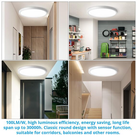 OPPEARL LED Deckenleuchte Mit Radar Bewegungsmelder, 24W 2400LM Innen Rund, 4000K Deckenlampe als Flurlampe, Balkon/Garage Lampe, Ø30CM, 6 Stücke