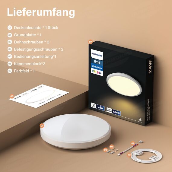 JONMONSM Led Deckenleuchte 24W Warmweiß, 3000K 3000LM Deckenlampe LED IP54 Wasserfest Led Lampen Deckenlampen für Wohnzimmer, Schlafzimmer, Badezimmer,Balkon, Korridor, 300 * 40mm
