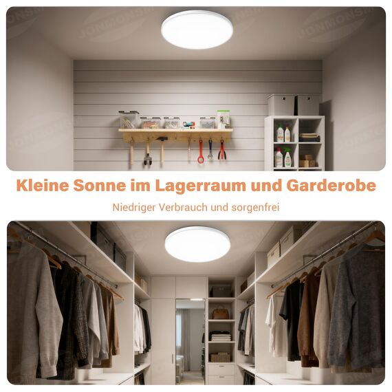 JONMONSM Deckenleuchte 18W, 2000 LM LED Deckenlampe Kaltweiß, Energieeffizienz D, für Flur, Treppenhaus, Abstellraum, Schlafzimmer, Badezimmer, Einfache Installation, Flimmerfrei