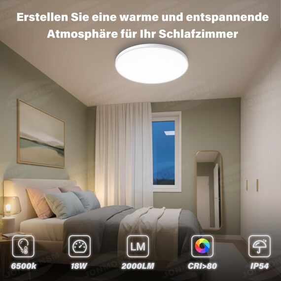 JONMONSM Deckenleuchte 18W, 2000 LM LED Deckenlampe Kaltweiß, Energieeffizienz D, für Flur, Treppenhaus, Abstellraum, Schlafzimmer, Badezimmer, Einfache Installation, Flimmerfrei